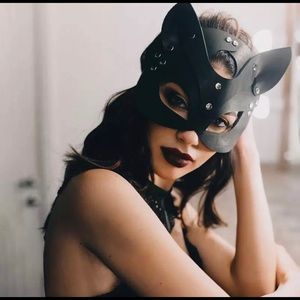 Black Faux Leather Cat Ear Masquerade Mask